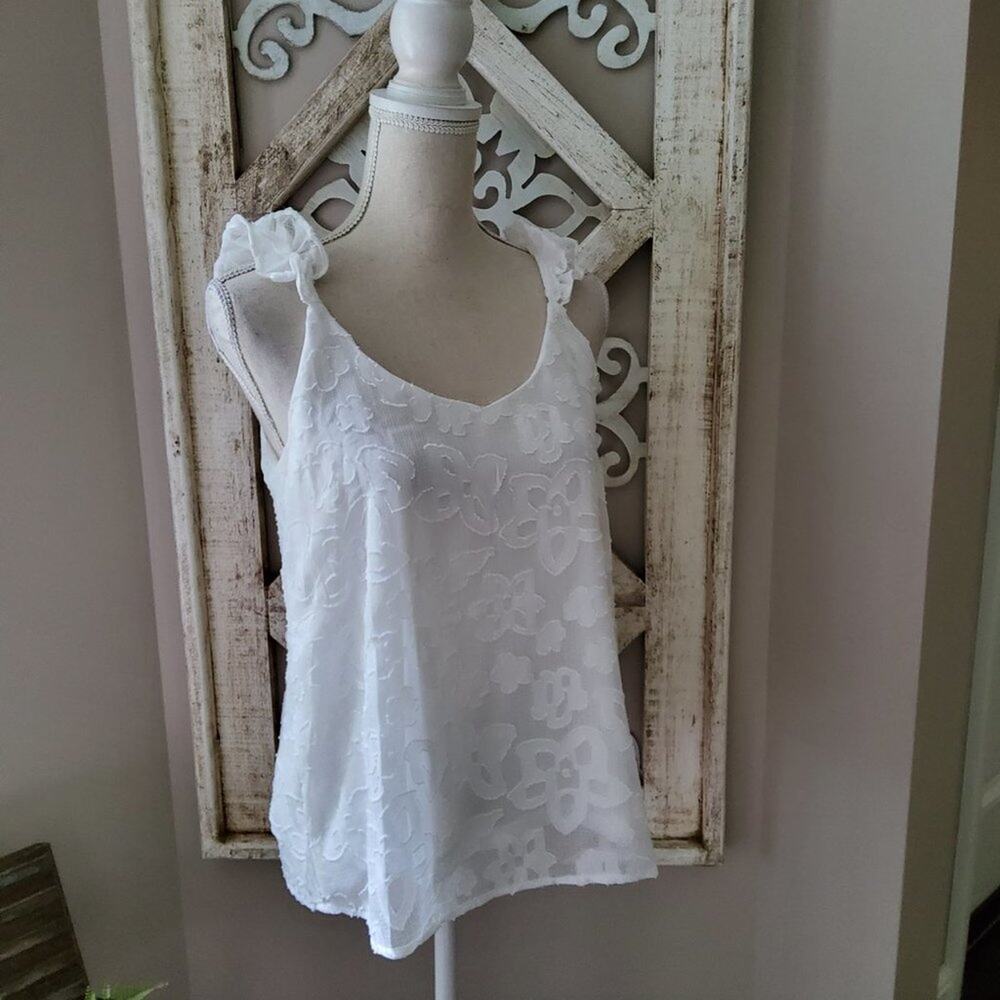 Zac & Rachel White Jacquard Floral Sleeveless Tank Ruffle Strap Romantic Boho